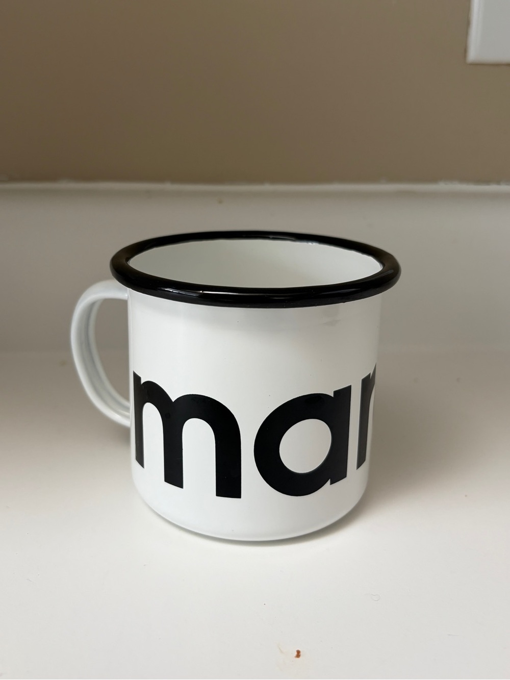 Isabel Marant White Enamel Mug with Black Trim and Lettering